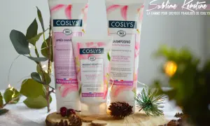 Gamme Coslys Sublime Kératine : après-shampoing, masque et shampoing pour cheveux fragiles. Soin à la kératine et fleur de lys bio.