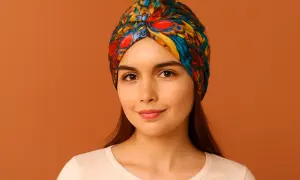 Uśmiechnięta młoda kobieta w kolorowym turbanie na głowie.