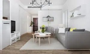 Nowoczesny salon z szarą kanapą, stolikami kawowymi i telewizorem.
