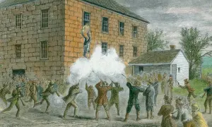 En dramatisk scen där en man faller ur ett fönster medan en folkmassa skjuter. En historisk händelse som involverar mormoner i USA.