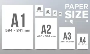 Porównanie rozmiarów papieru A1, A2, A3, A4, A5, A6, A7, A8. Ilustracja pokazuje, jak wielkość formatu papieru maleje.