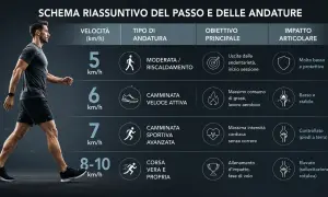 Schema passo e andature: camminata sportiva a 7 km/h, intensità cardiaca senza correre, impatto controllato.
