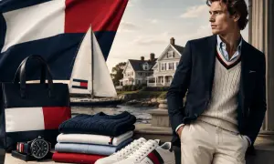 Tommy Hilfiger co to za firma? Stylowy mężczyzna w marynarce, swetrze i spodniach, obok torba, zegarek, swetry i buty. W tle żaglówka i domy.