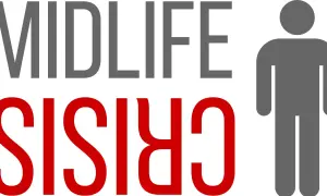 Midlife crisis man: hoe lang duurt het? Grijze tekst "MIDLIFE" en rode tekst "CRISIS" met een grijze man-icoon.