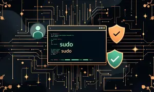 Terminal z komendą sudo w systemie alias linux. Ikona użytkownika i tarcze z potwierdzeniem bezpieczeństwa na tle obwodów drukowanych.