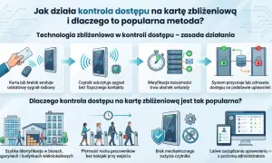 Ilustracja pokazuje, jak działają metody dostępu do sieci oparte na kartach zbliżeniowych: od emisji sygnału, przez weryfikację, po przyznanie dostępu.