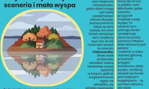 Ilustracja przedstawia małą wyspę z domkiem i drzewami, odbijającą się w wodzie. To miejsce akcji, gdzie Zenek znajduje schronienie, co stanowi streszczenie tego obcego świata.