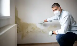 Mann mit Maske zeigt auf anfangsstadium schimmel wand. Feuchtigkeitsproblem sichtbar.