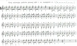 Nuty na gitarze z oznaczeniami palców prawej ręki (i, m). Ćwiczenie palcowania.