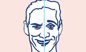 Ilustracja twarzy podzielonej na dwie części, z różnymi wyrazami.