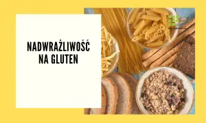 Kolaż produktów zawierających gluten: makaron, chleb, płatki śniadaniowe i paluszki.