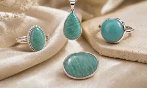 Joyas con amazonita, piedra conocida por sus propiedades calmantes y de equilibrio. Anillos y colgante con gemas verde azulado.