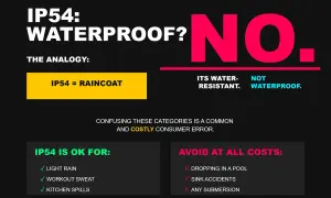 Grafika z napisem "IP54: WATERPROOF? NO." i porównaniem do płaszcza przeciwdeszczowego.