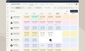 Il reparto risorse umane visualizza un calendario settimanale con gli orari di lavoro dei dipendenti, mostrando turni mattutini, pomeridiani e intensivi.