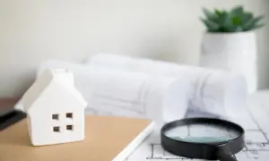 Modellino di casa, lente d'ingrandimento e progetti su un tavolo, pronti per un controllo edilizio.