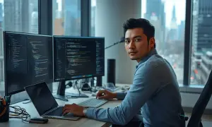 Un développeur concentré sur son écran, tapant du code Python. La ville s'étend derrière lui.