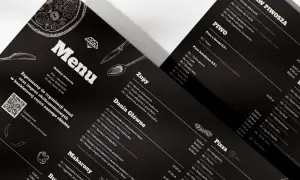 Eleganckie czarne menu z białymi napisami. Zawiera sekcje: Zupy, Dania Główne, Makarony, Pizza, Piwo, Zestawy Piwosza. Idealne do organizacji wesel i imprez.