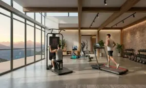 Männer trainieren im modernen Fitnessraum mit Panoramablick. Einer läuft auf dem Laufband, der andere am Kraftgerät. Jeden Tag 20 Minuten Hometrainer für die Gesundheit.