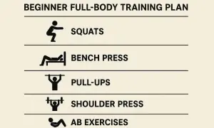 Ein Trainingsplan für das Fitnessstudio: Kniebeugen, Bankdrücken, Klimmzüge, Schulterdrücken und Bauchübungen für Anfänger.