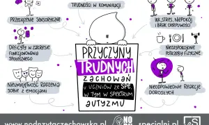 Ilustracja przedstawia przyczyny trudnych zachowań u uczniów, w tym rozwydrzone dziecko, zmagające się z przeciążeniem sensorycznym, trudnościami w komunikacji i emocjach.