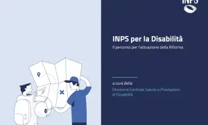 Illustrazione di due persone che studiano una mappa, con il logo INPS e il titolo "INPS per la Disabilità: Il percorso per l'attuazione della Riforma". La **legge delega disabilità** è al centro.