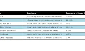 Tabla de factores de riesgo al conducir: fatiga, velocidad, distracciones, clima, vehículo, alcohol/drogas y salud. Muestra los tipos de conductores y sus implicaciones.