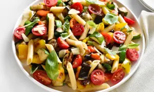 Bunter Nudelsalat ohne Mayo mit Penne, gegrilltem Gemüse wie Zucchini, Aubergine, Paprika, Kirschtomaten und frischem Basilikum, garniert mit Parmesan.