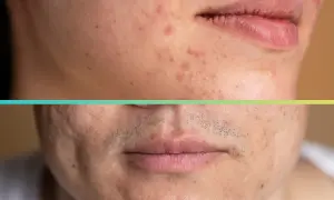 Primo piano di un viso con acne e cicatrici. Si cercano buchi sul viso rimedi naturali per migliorare l'aspetto della pelle.