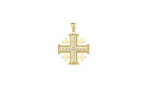 Colgante de cruz de Jerusalén en oro amarillo, con detalles de circonitas brillantes.