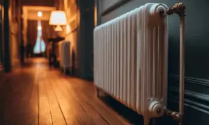 Ein weißer Heizkörper im Flur, der die Heizungsrohre verkleidet. Der Holzboden und die warme Beleuchtung schaffen eine gemütliche Atmosphäre.