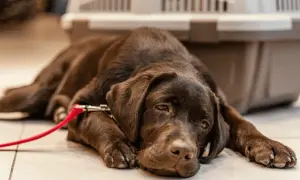 Ein brauner Hund liegt erschöpft auf dem Boden, sein Brustkorb hebt und senkt sich schnell, da der **hund pumpt beim atmen**.