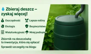 Zielony zbiornik na deszczówkę z rynną, otoczony zielenią.