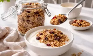 En sked med hemgjord granola med torkade bär, perfekt för en hälsosam frukost. Detta granola recept är enkelt att göra.