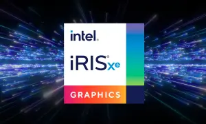 Logo Intel Iris Xe Graphics na tle rozmytych, niebieskich linii światła.