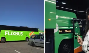 Zielona ciężarówka Flixbus z napisem "PRAGA" na wyświetlaczu to świetny sposób, jak dojechać do Pragi.