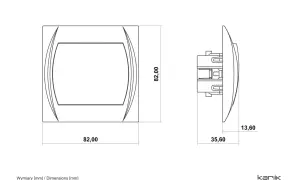 Rysunek techniczny łącznika dwubiegunowego z wymiarami 82x82 mm i głębokością 35,6 mm.