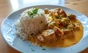 En portion krämig korvstroganoff med ris, toppad med hackad persilja. En klassisk svensk rätt som värmer själen.