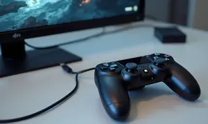 Czarny pad PS4 podłączony kablem do komputera, obok monitor z grą.