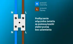 Schemat podłączenia przewodów w puszce pod wyłącznik światła: niebieski (N) i brązowy (L) w kostce elektrycznej.