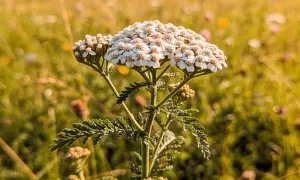 Nahaufnahme einer Schafgarbe auf einer sonnigen Wiese. Die Schafgarbe ist bekannt für ihre vielfältige Verwendung in der Naturheilkunde.