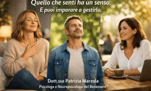 Tre persone serene, una donna con mano sul cuore, un uomo che guarda al cielo, una donna sorridente con tazza. "Quello che senti ha un senso. E puoi imparare a gestirlo." Non ho paura di non farcela.