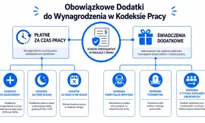 Schemat obowiązkowych dodatków do wynagrodzenia w Kodeksie Pracy: płatne za czas pracy (nadgodziny, pora nocna, dni wolne) i świadczenia dodatkowe (odprawy).