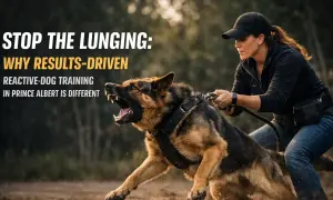 A trainer works with a German Shepherd, a reactive dog, demonstrating effective training techniques.