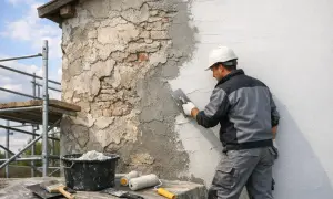 Un ouvrier rénove la façade d'une maison en appliquant de l'enduit. Des échafaudages sont visibles.