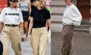 Beżowe spodnie stylizacje: luźne, eleganckie i sportowe. Dwie kobiety w beżowych spodniach i jedna w brązowych, w różnych stylizacjach.