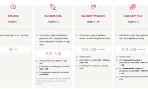 Porównanie taryf Tauron: Wygodna G11, Oszczędna Noc G12, Oszczędny Weekend G12w i Oszczędny Plus G13.