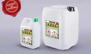 Dwa białe kanistry z etykietami "OCTAN ETYLU" (5L i 30L). Czerwona pieczęć "CZYSTY BEZ RECYKLINGU".