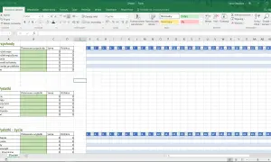 Arkusz kalkulacyjny Excel z podziałem na przychody i wydatki, z kolumnami: planowane, suma, różnica.