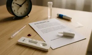 Zestaw do testu HIV na stole: instrukcja, pipeta z kroplą krwi, test, zegar.