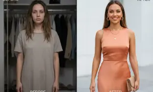 Przed i po: kobieta w beżowej sukience i kobieta w eleganckiej sukience w kolorze brzoskwiniowym.